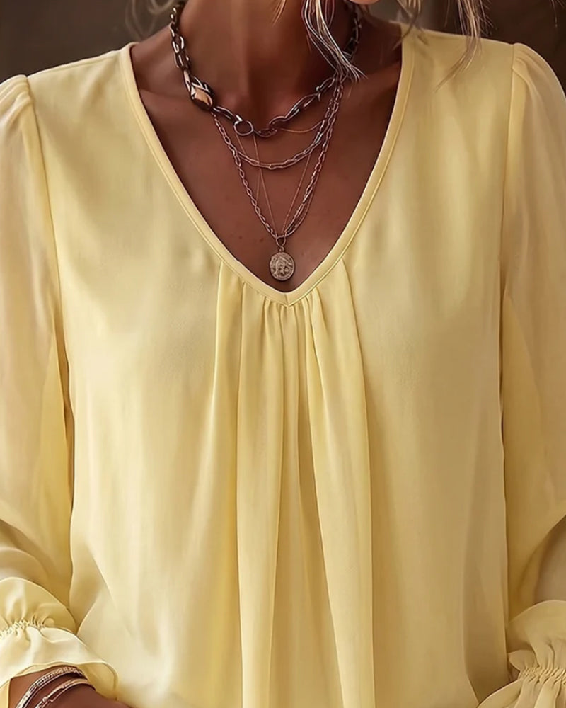 Blouse Col En V Froncée Manches Ballon Volant