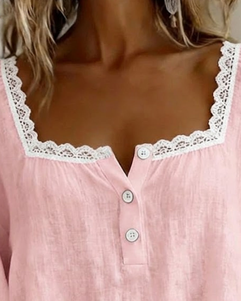 Blouse À Col Carré En Dentelle Manches Bouffantes
