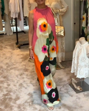 Robe longue décontractée sans manches à imprimé floral
