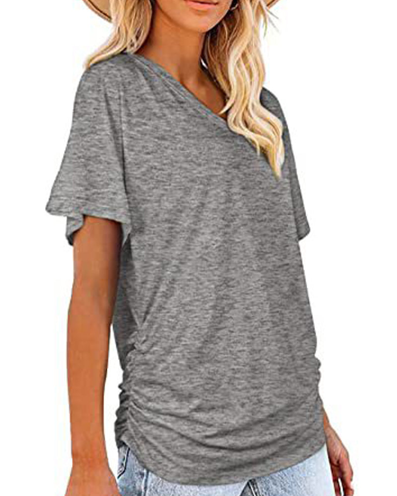 T-Shirt Plissé Uni Col En V