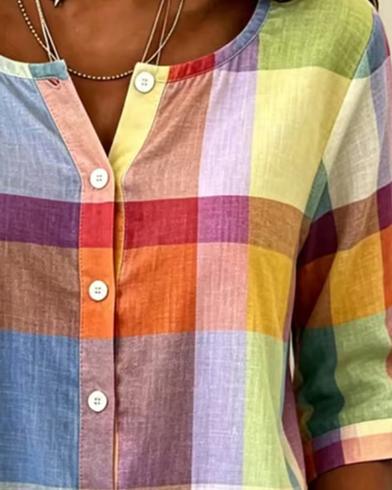 Blouse Colorée À Carreaux Bouton Devant Décontractée