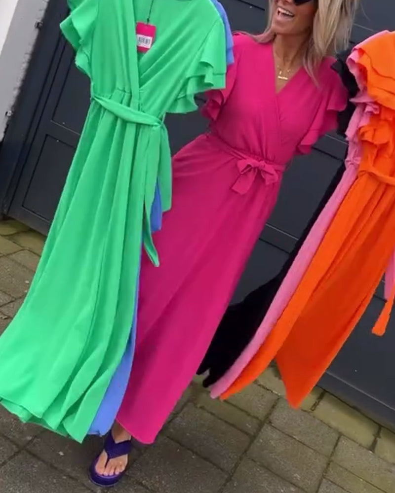Robe longue de couleur unie à manches volantées et cravate