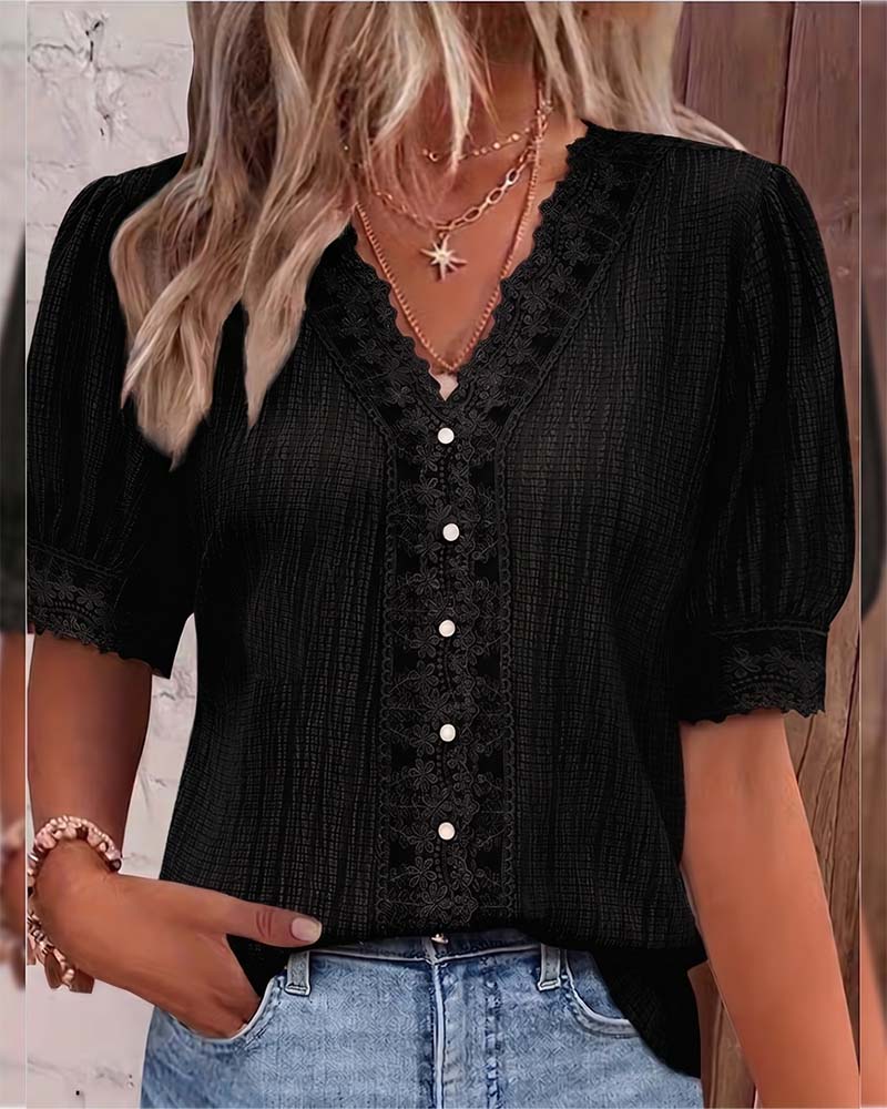 Chemisier Dentelle Patchwork Col V Manche Bouffante