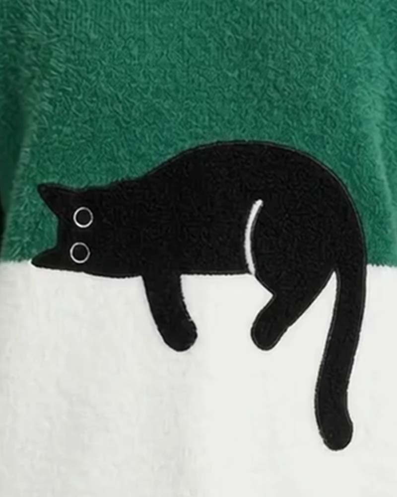 Pull Col Rond Couleur Contrastée Chat