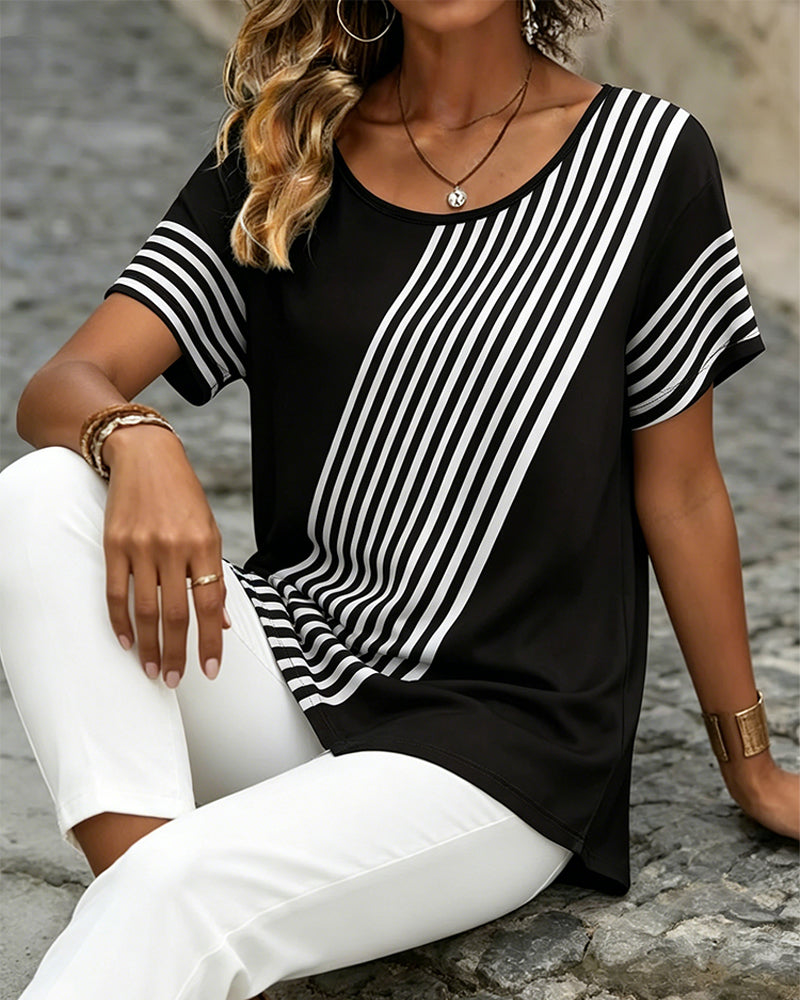 T-Shirt Rayure Diagonale Patchwork Col Rond