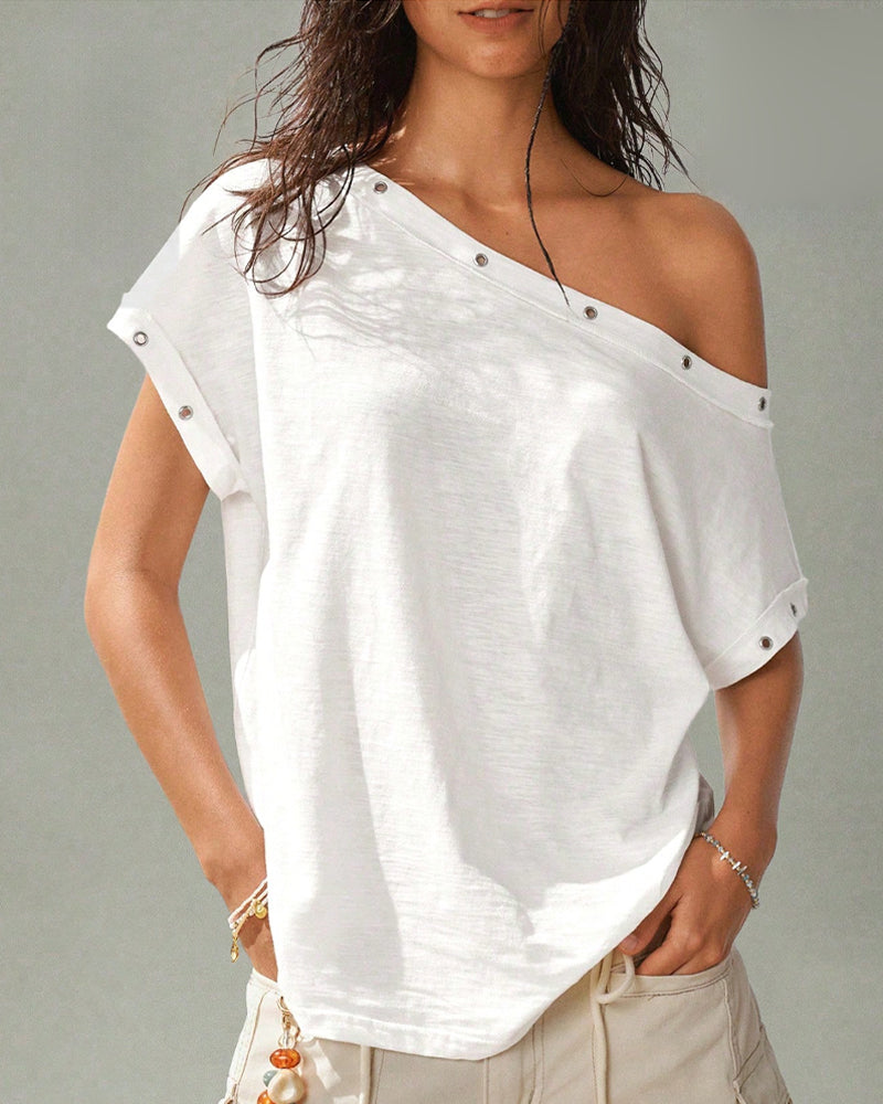 T-Shirt Une Épaule Rivet Uni