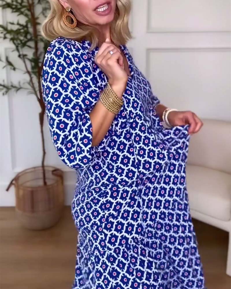 Robe décontractée imprimée à col en V et manches trois-quarts