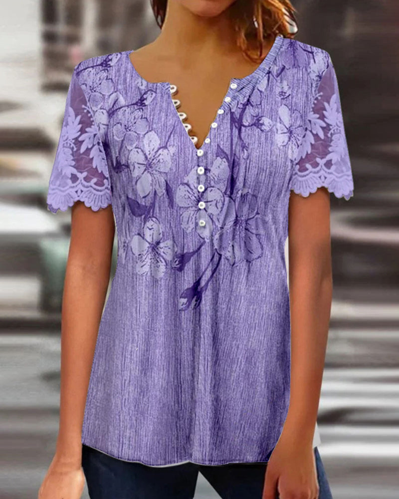 Blouse à Empiècement En Dentelle Col Rond Imprimée