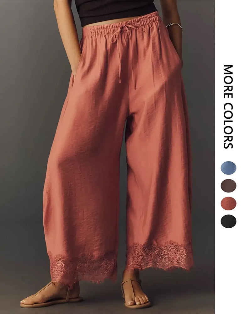 Pantalon Taille Élastique Panneau Dentelle Décontracté