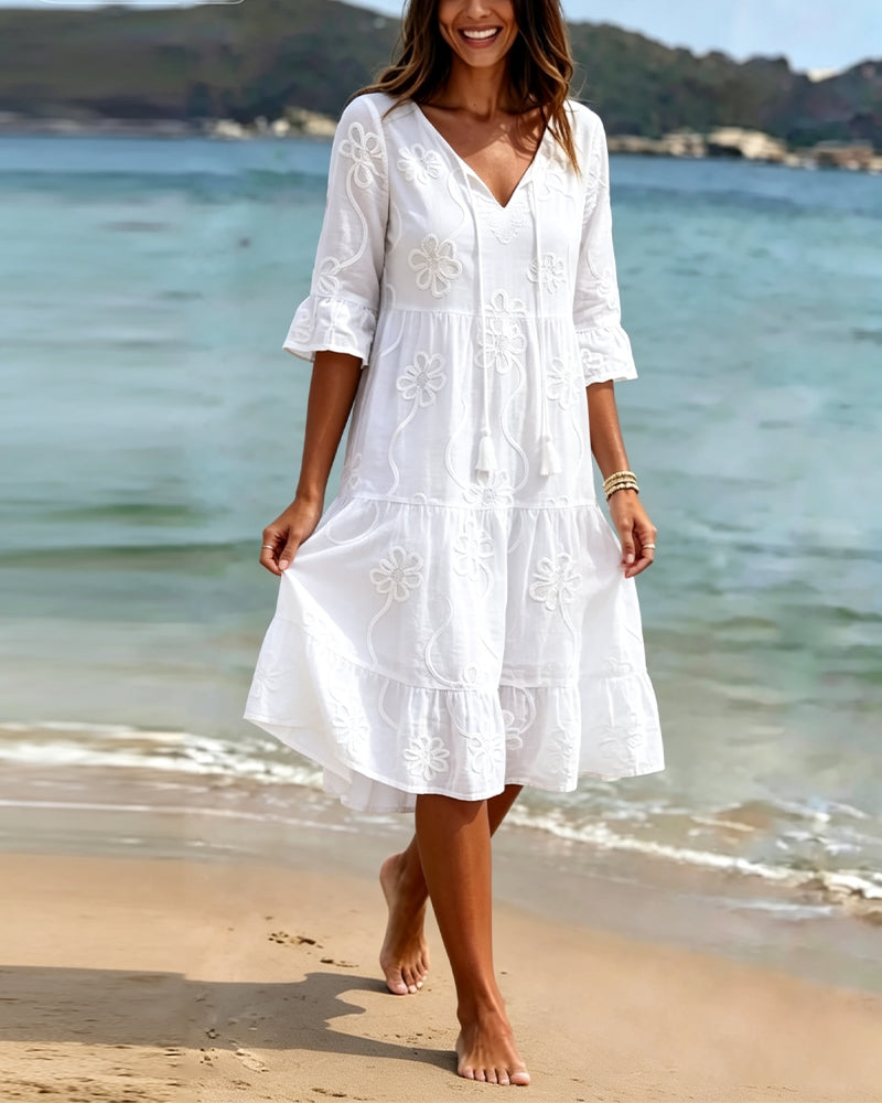 Robe Col V Ourlet A Volant