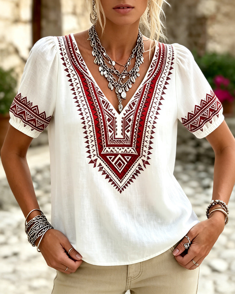 Blouse Col V Bohème Manche Bouffante