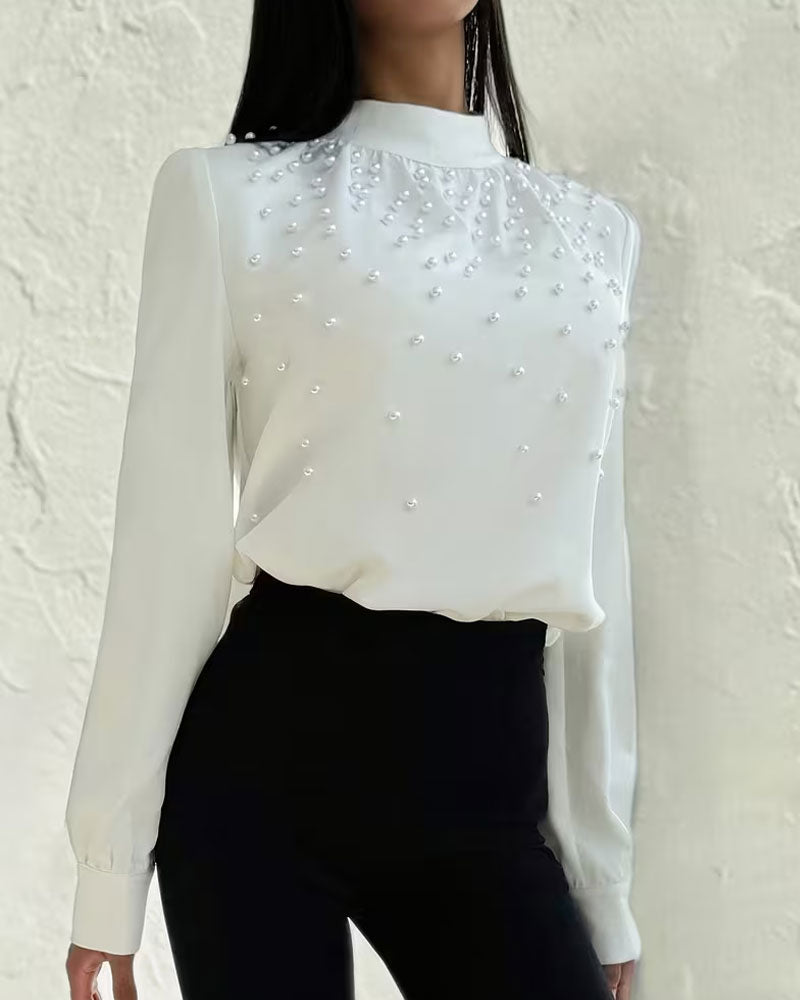 Blouse Col Montant Perle Perlé Manches Longues