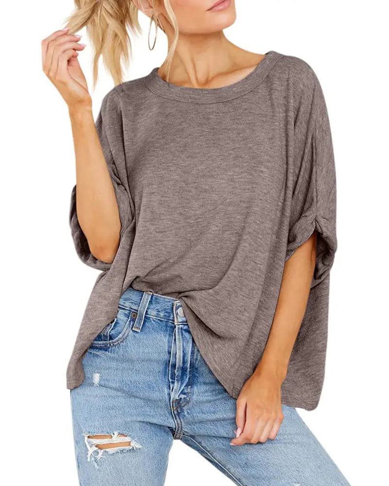 T-Shirt Épaule Tombante Ourlet Roulé Manches Courtes