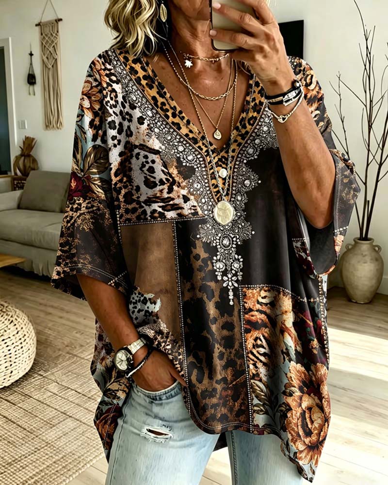 Blouse Léopard Col V Décontractée