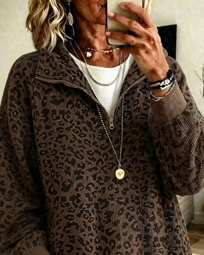 Sweatshirt Demi Fermeture Éclair Léopard Pull