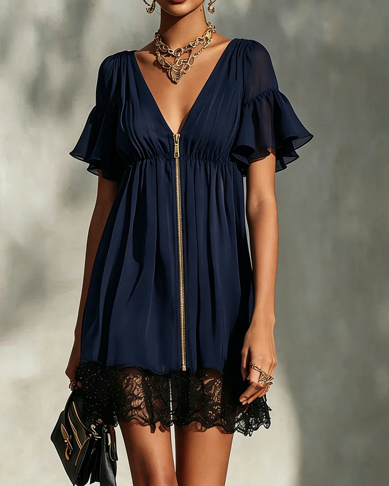 Robe Volant Manche Évasée Fermeture Éclair Dentelle