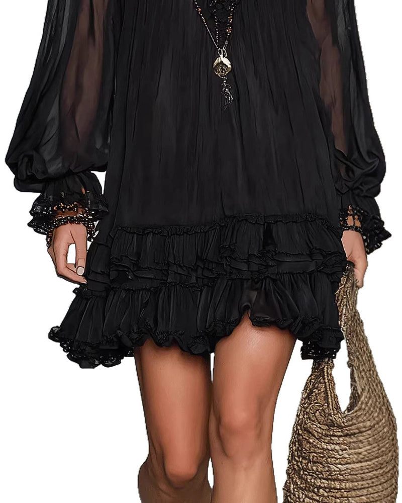 Robe Col V Manche Longue Volant