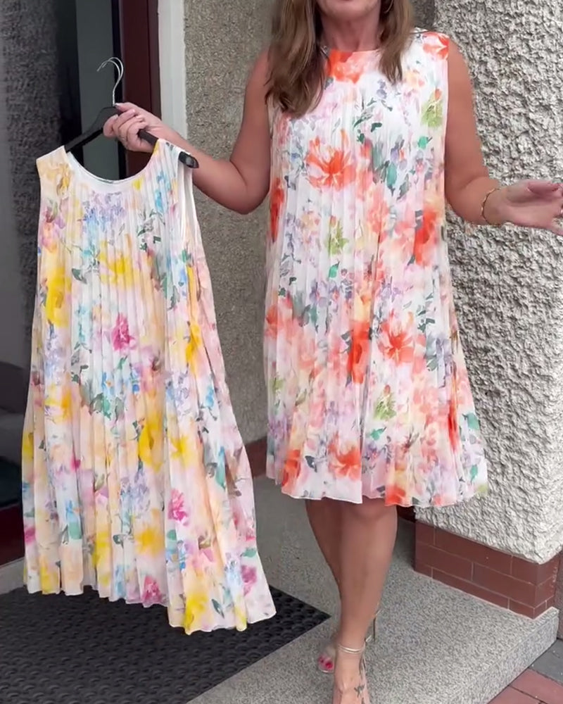 Robe Sans Manches Plissée Fleurie
