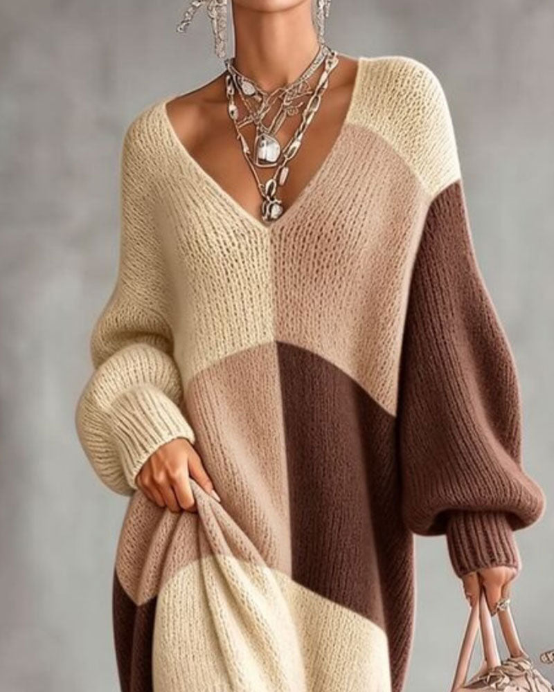 Robe Pull À Carreaux Blocs De Couleurs Col V Longue