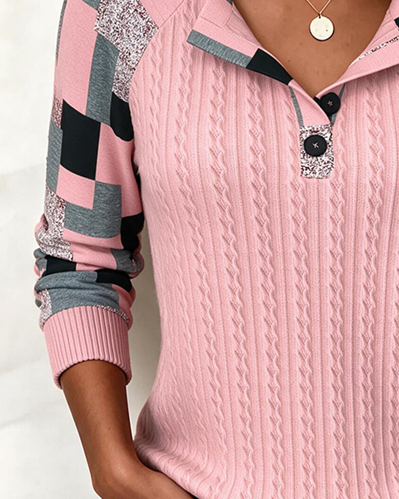 Sweat-Shirt Blocs De Couleurs Col Henley Manches Longues Boutonné