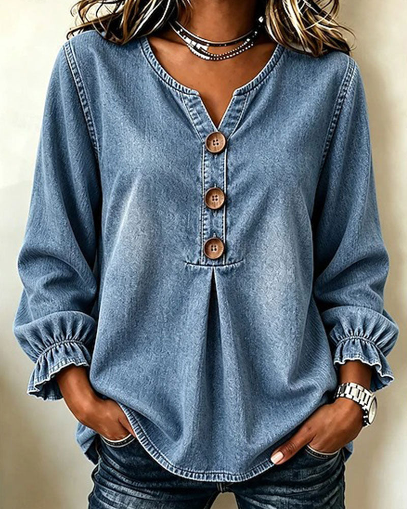 Top Denim Col En V Bouton Manche Volant