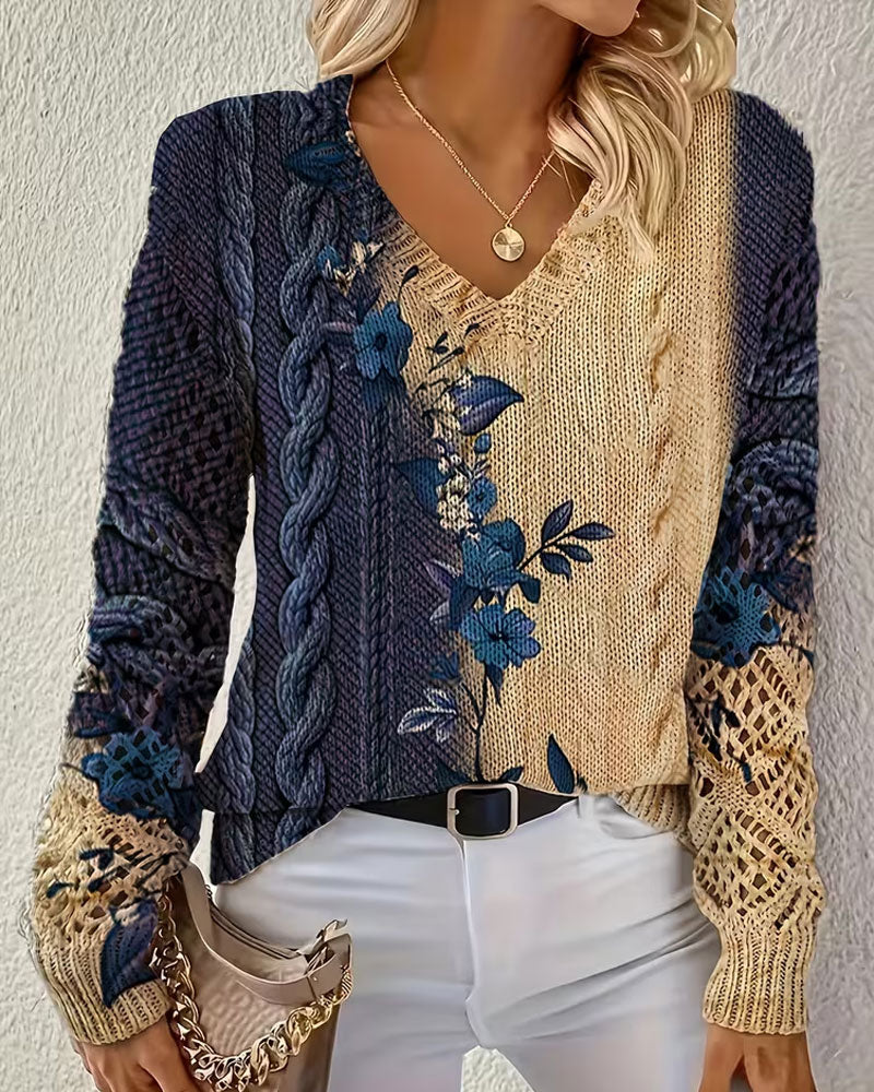 Pullover Dégradé Bloc De Couleur Fleuri Col En V Évidé