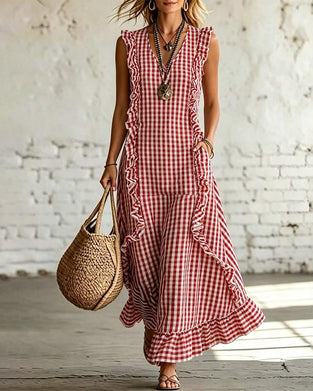 Robe Col V Volant Carreau Sans Manches Maxi