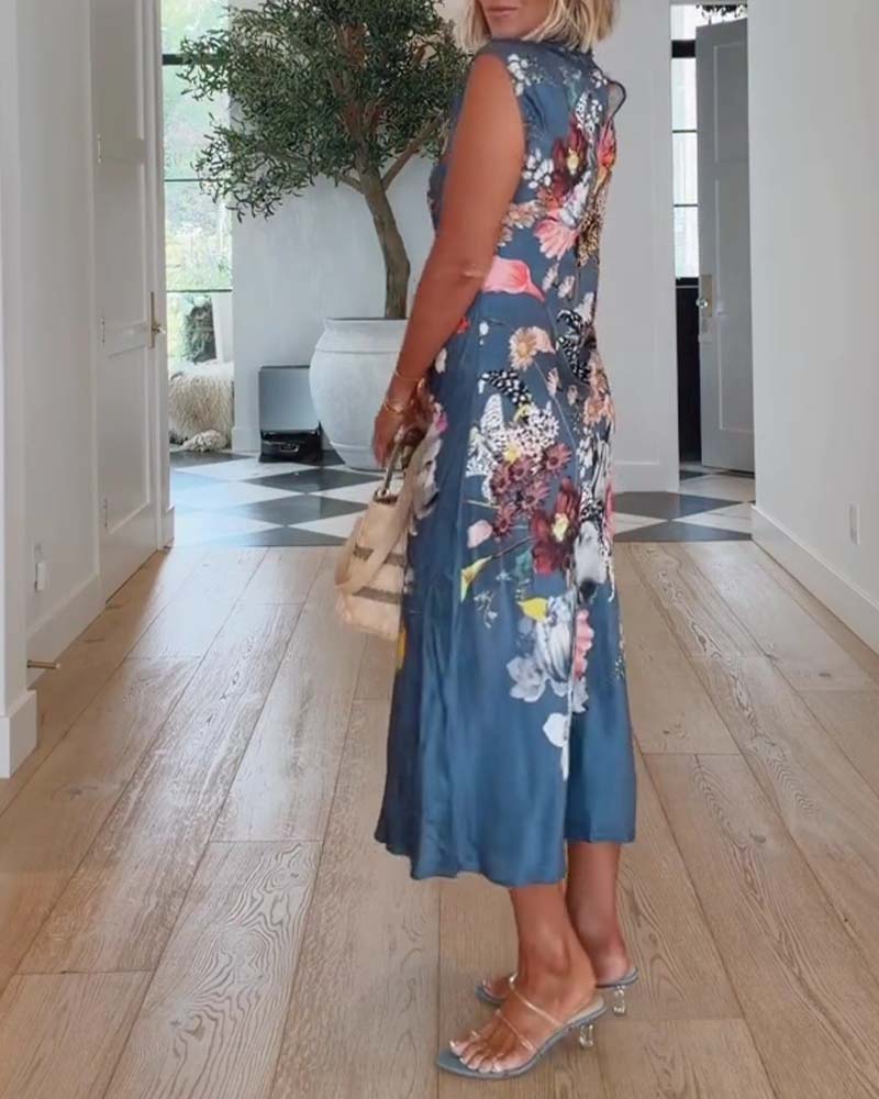 Robe Col Haut Sans Manches Florale Ajustée