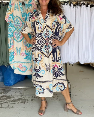 Robe ample bohème col V à manches mi-longues