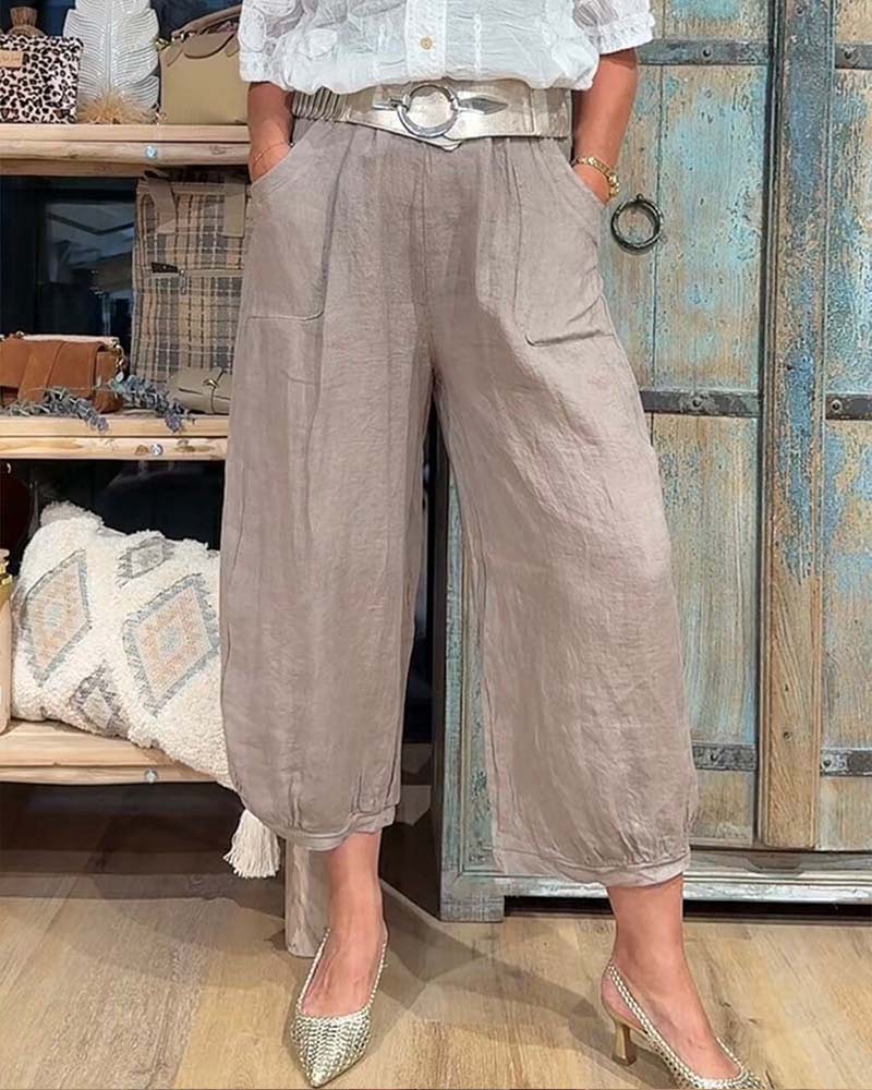 Pantalon Taille Élastique Poche Large Jambe Raccourci