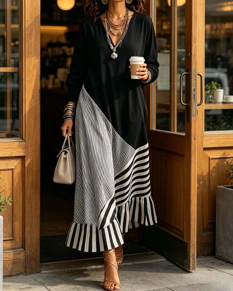 Robe Col V Rayure Patchwork Volant