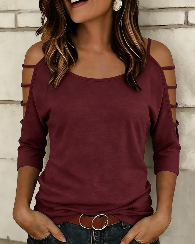 T-Shirt Unie Manche Coude Hors Épaule