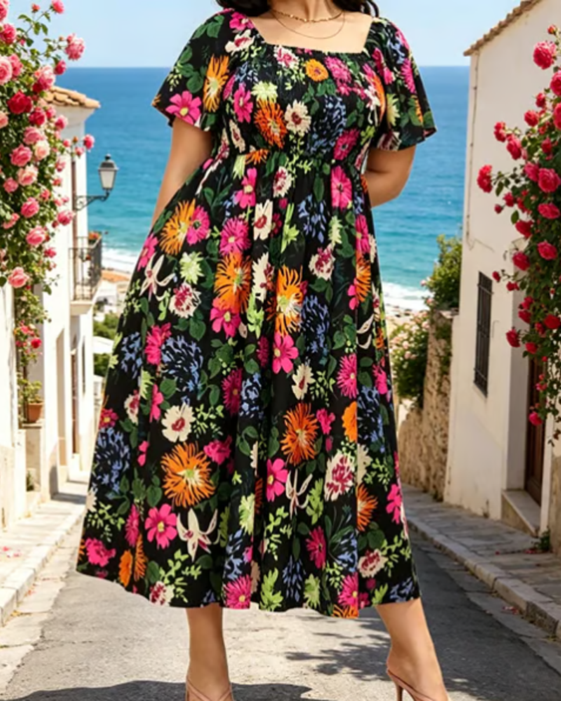 Robe Col Carré Grand Motif Floral Midi