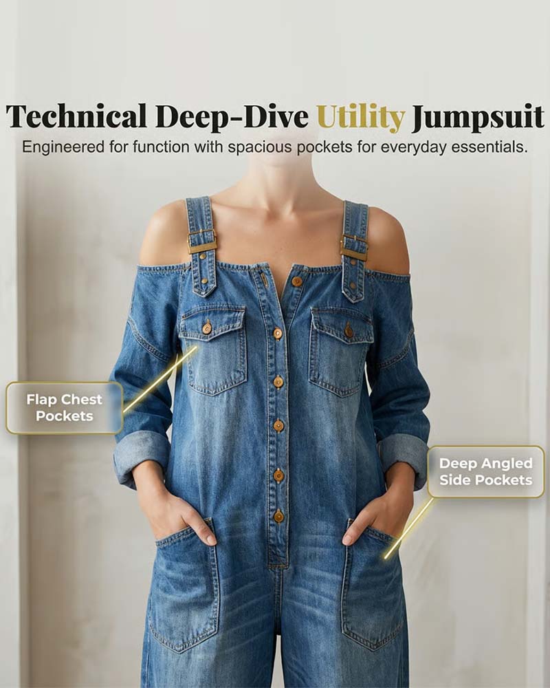 Jumpsuit Bretelle Spaghetti Épaule Dégagée Jambe Large Denim