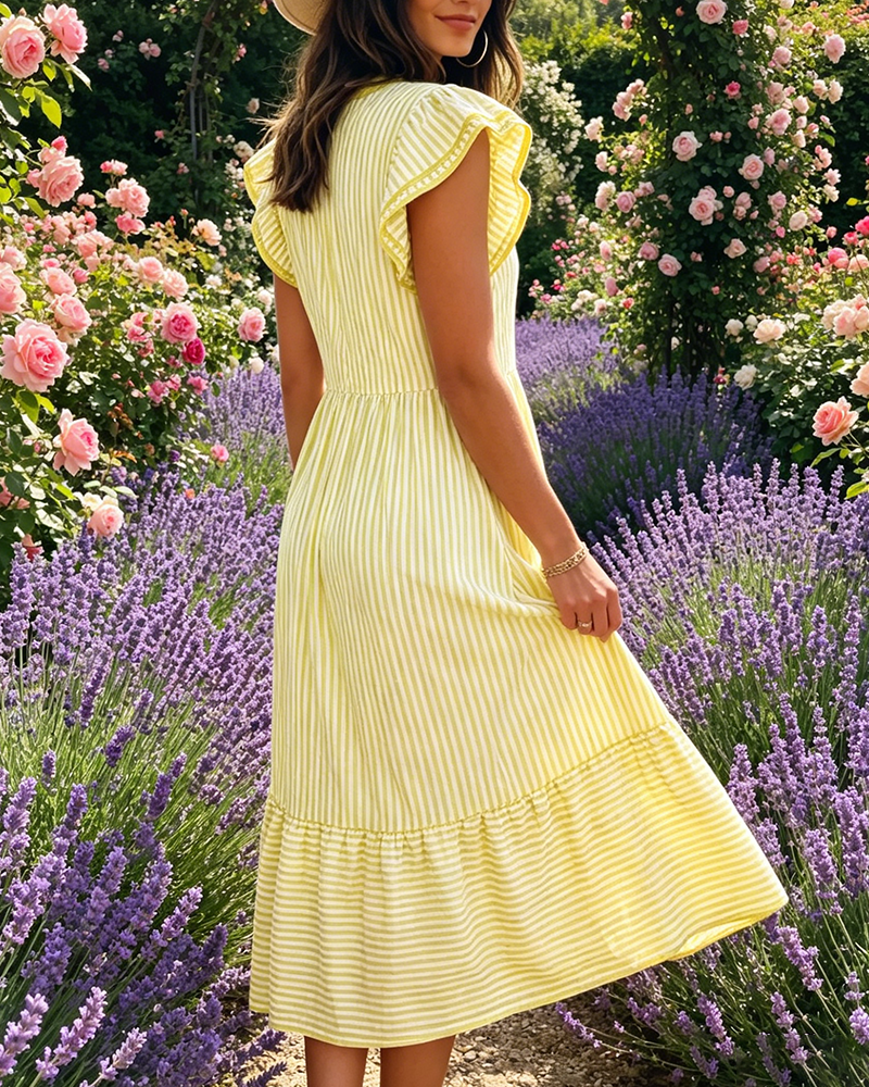 Robe Rayée Double Volant Manches Courtes