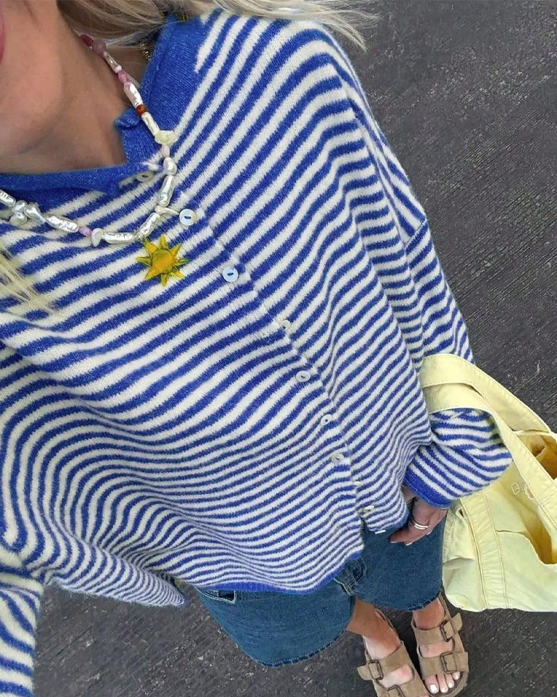 Pullover Col Rond Bouton Devant Rayé