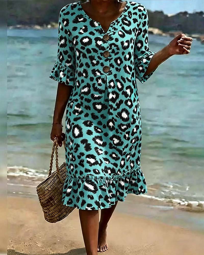 Robe Imprimé Léopard Col V Volantée