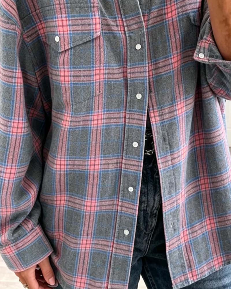 Chemise Poche À Carreaux Manches Longues Lâche