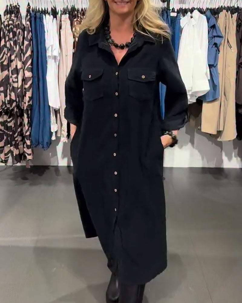 Robe Revers Poche Boutonné Longue Chemise