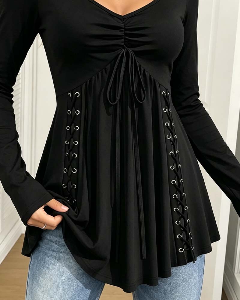 Blouse Col En V Cordon De Serrage Manches Longues