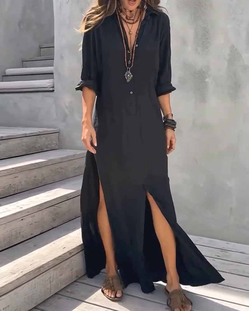 Robe Col Chemise Boutonnage Fente Latérale Unie