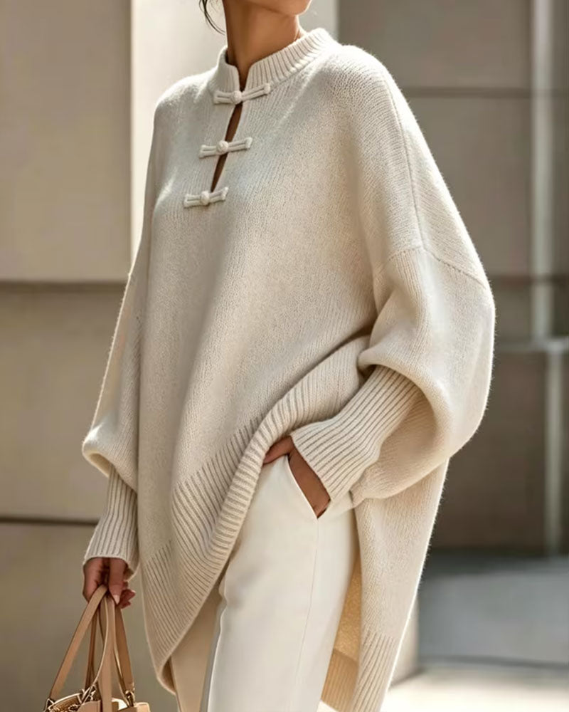 Pullover Col Mandarin Nœud Bouton Coupe Loose Cape