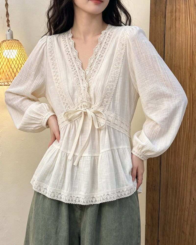 Blouse Col V Manche Ballon Dentelle Patchwork Évasée