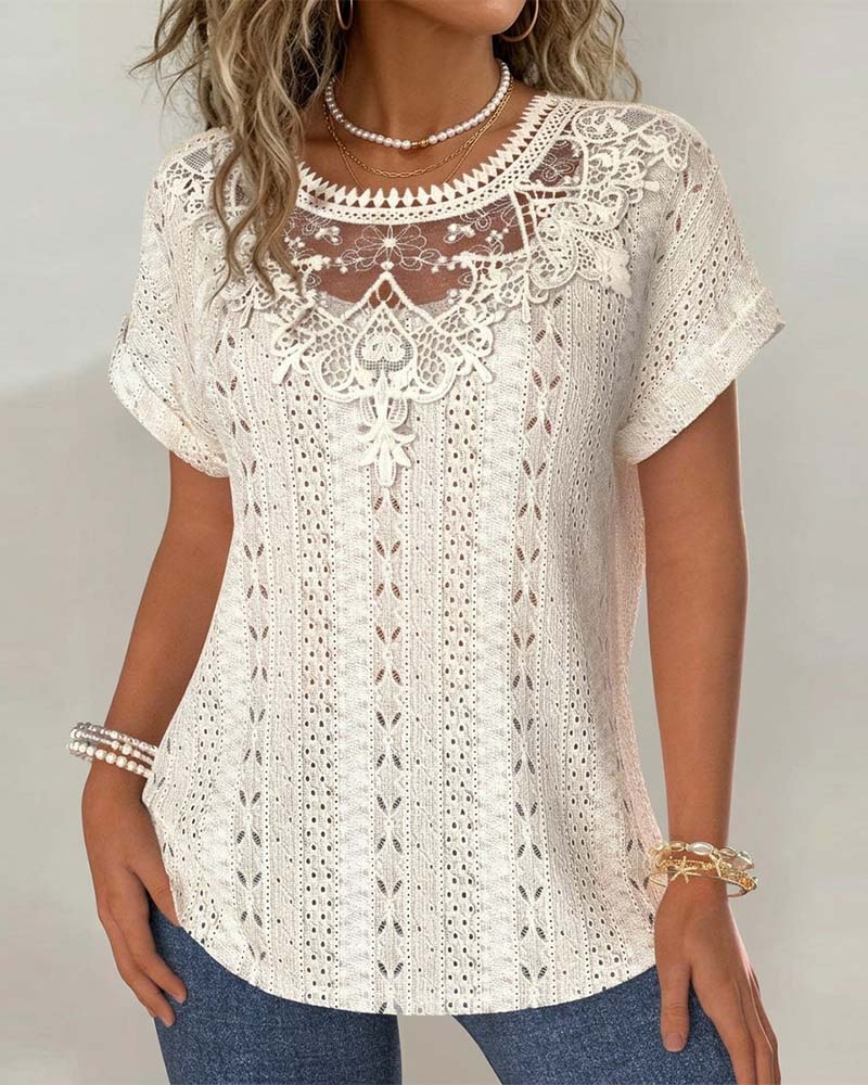 T-Shirt Dentelle Ajourée Uni Manches Courtes