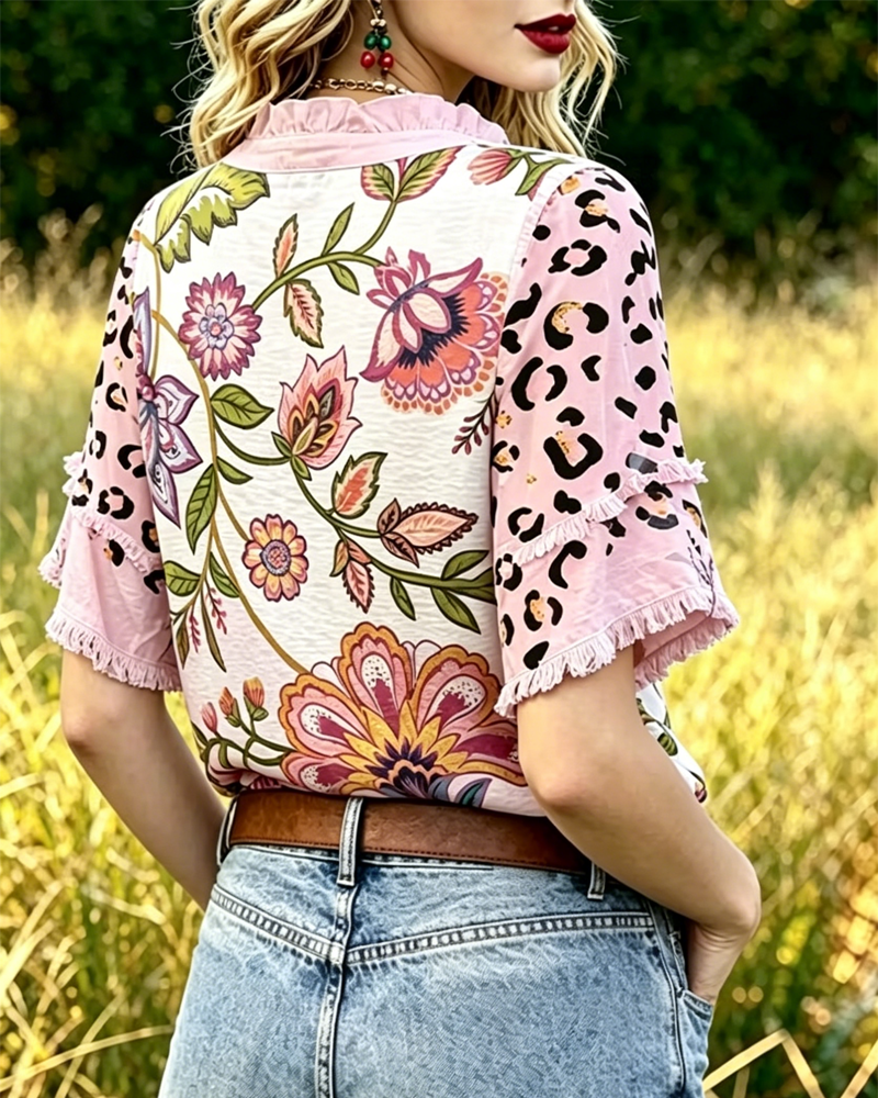 Blouse Col V Contraste Imprimé