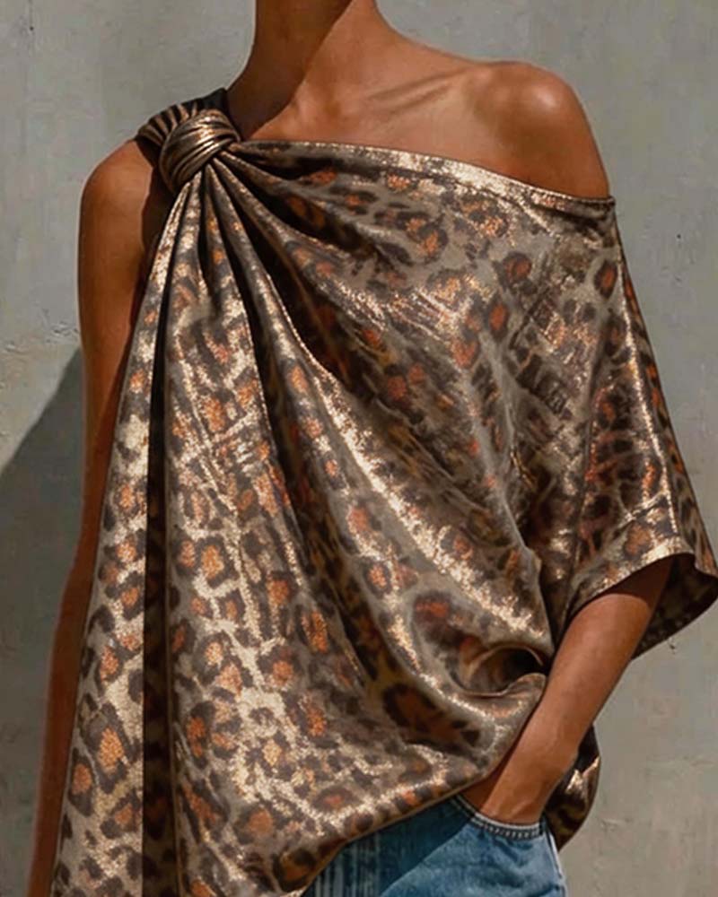 Blouse Or Feuille Léopard Une Épaule Twist