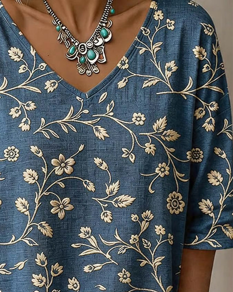 Blouse Col En V Demi-Manche Florale