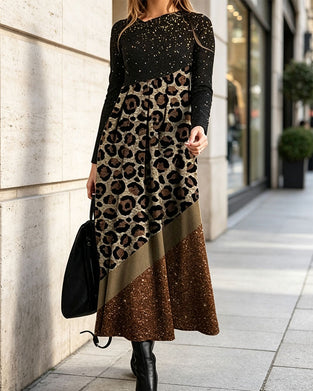 Robe Imprimé Léopard Patchwork Manches Longues