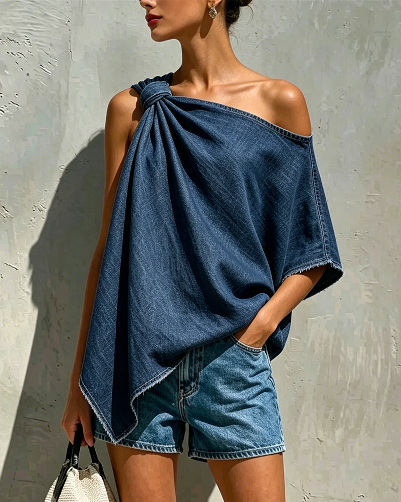 Blouse Denim Nœud Une Épaule