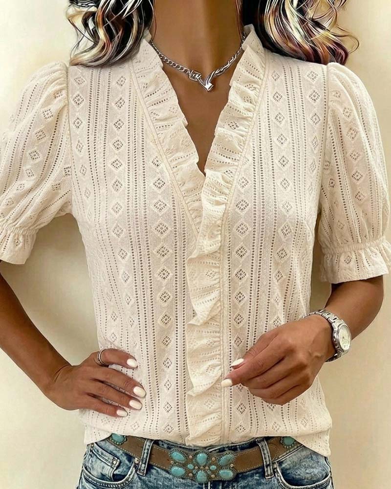 T-Shirt Col V Manche Trois Quarts Dentelle